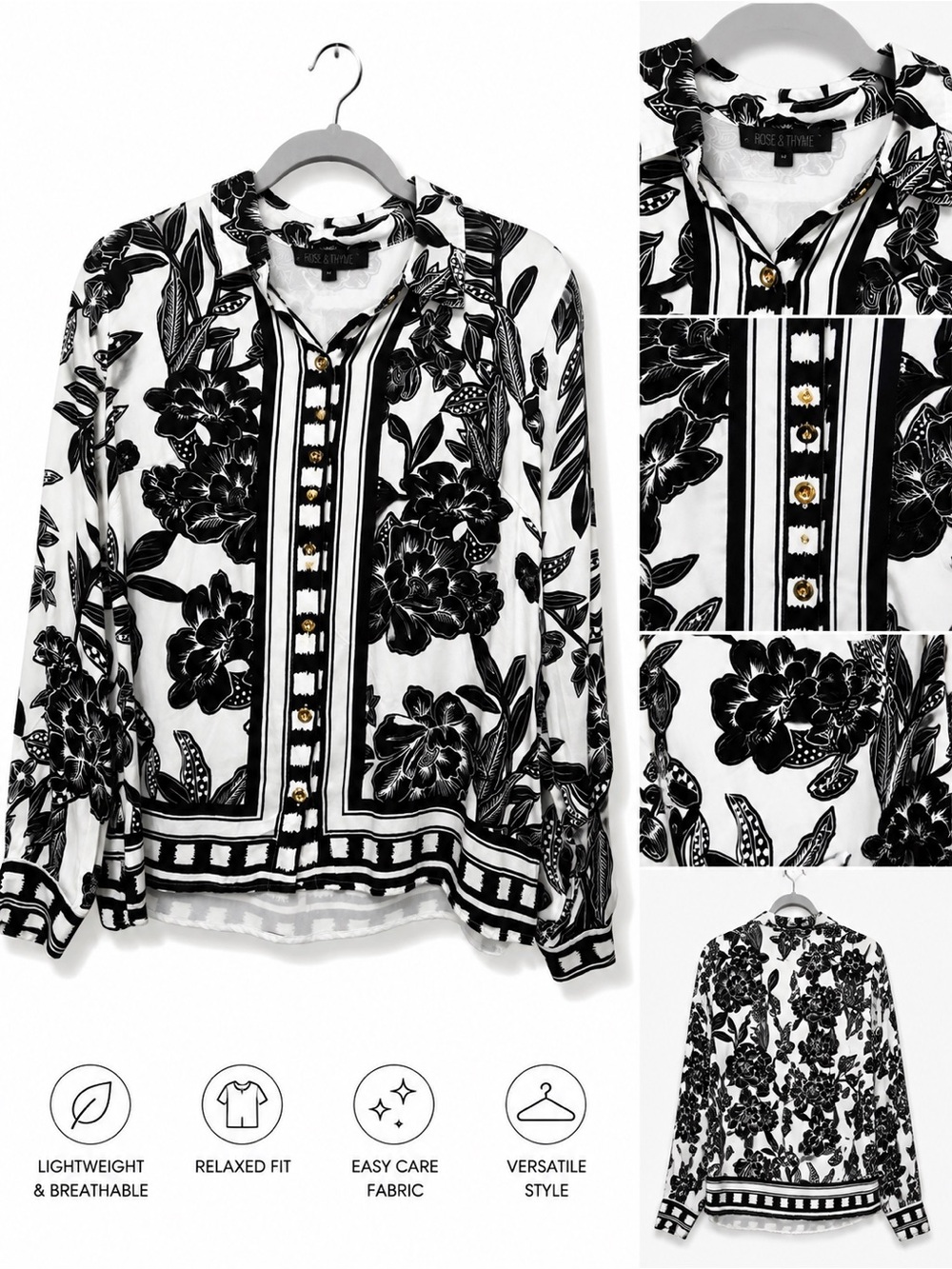 Rose & Fyne Black and White Floral Button-Front Blouse